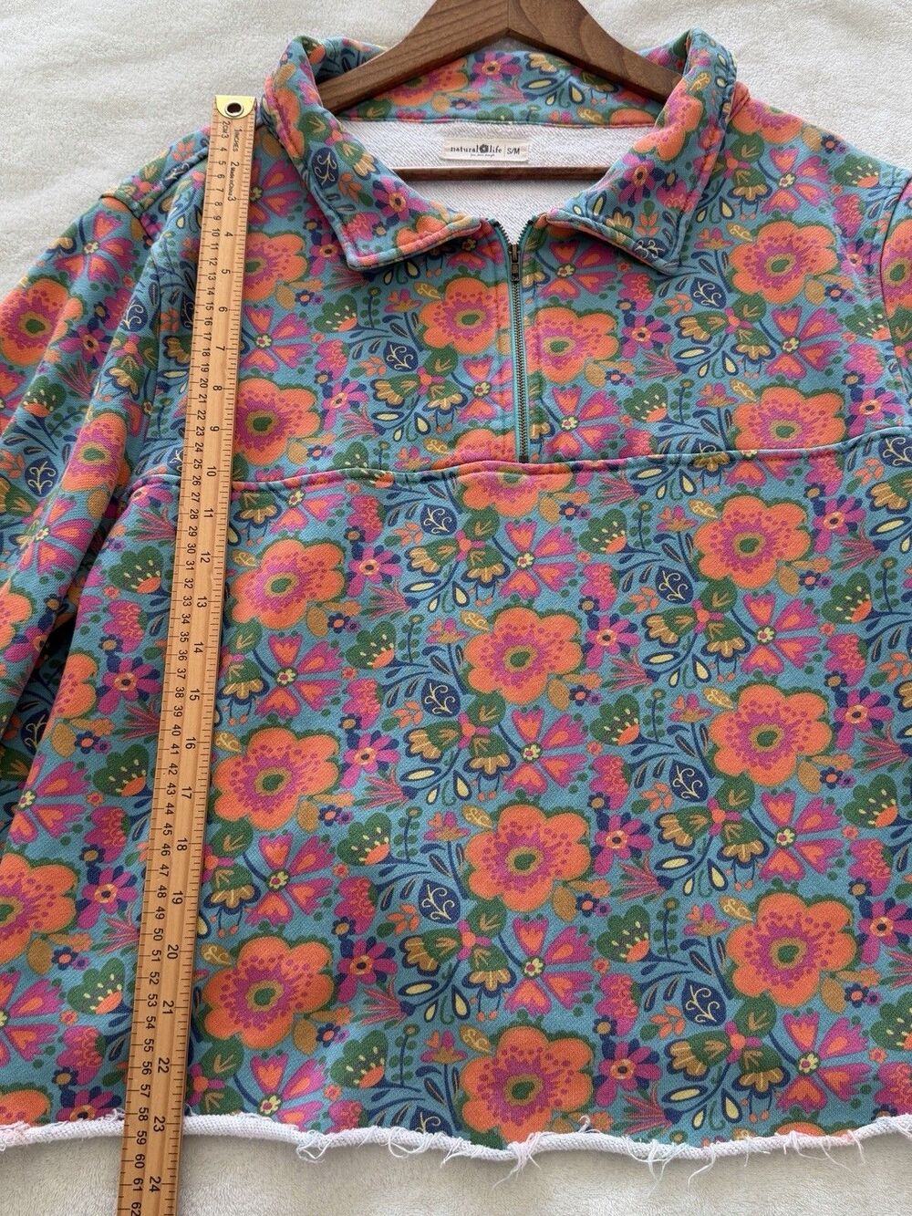 Natural Life Womens Pullover S/M Blue Floral Quarter Zip Oversized Boho Hippie - Picture 7 of 13
